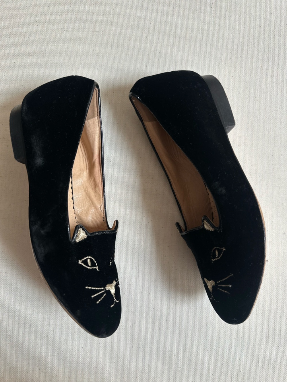 Charlotte Olympia Black Velvet Cat-Embroidered Slip-On Flats - Picture 3 of 7
